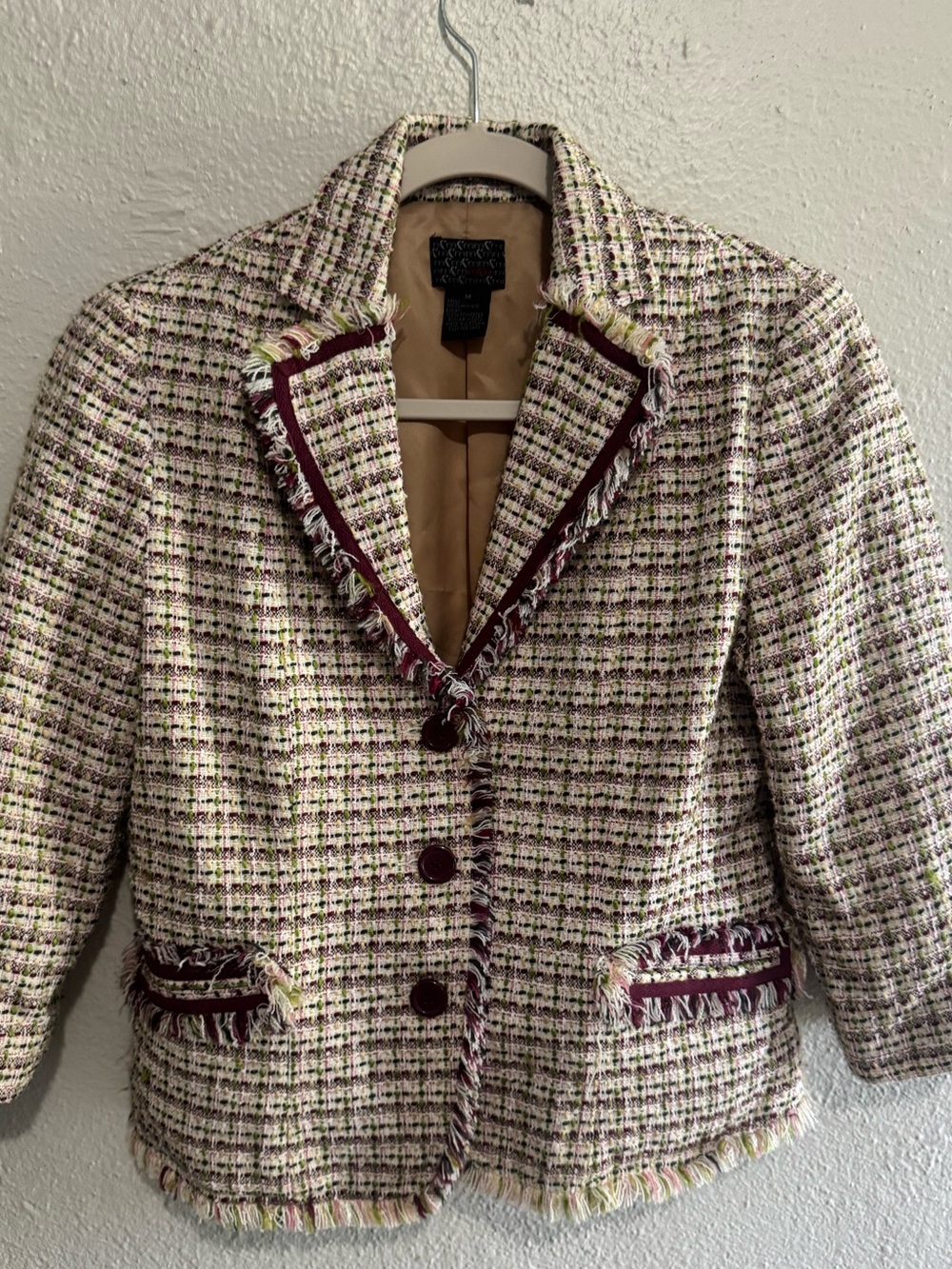 Fringed Tweed Blazer Jacket in Cream and Burgundy Accents